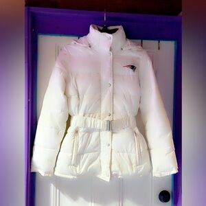 New England Patriots NFL Women’s White Puffer Jacket with Belt